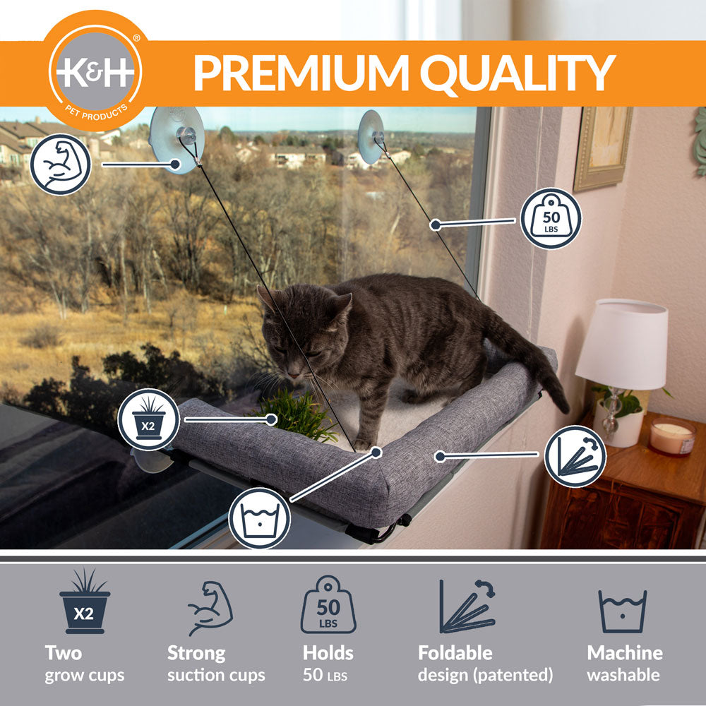 EZ Mount Deluxe Bolstered Window Kitty Sill with Cat Grass Grow Station by K&H